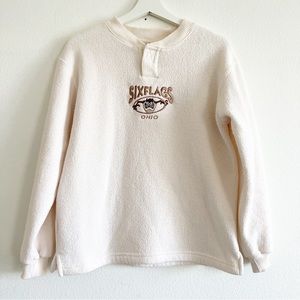 Vintage Six Flags Ohio Theme Park USA Sherpa Sweatshirt Taz Looney Tunes S Ivory